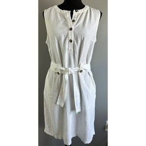 Liz Claiborne Sleeveless White Belted Linen Blend Dress Womens Size M Sheath